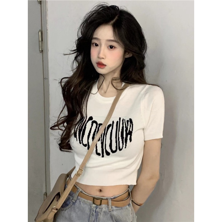 ۞❍◐Suhao kaos import wanita kaos wanita gaya korea lengan pendek kaos pendek perempuan love letter printing hot girl knitted short-sleeved women s summer small black t-shirt short high waist tight top