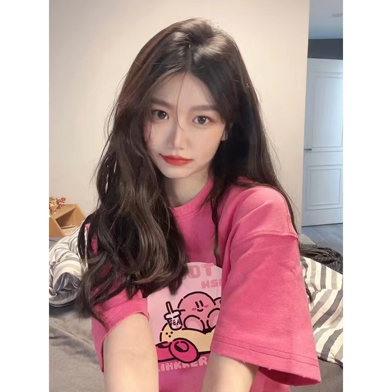 ❏✸Suhao kaos import wanita kaos wanita gaya korea lengan pendek kaos pendek perempuan bahu depan merah lengan pendek t-shirt wanita musim panas longgar oversize design sense niche milk soft girl top T-shirt