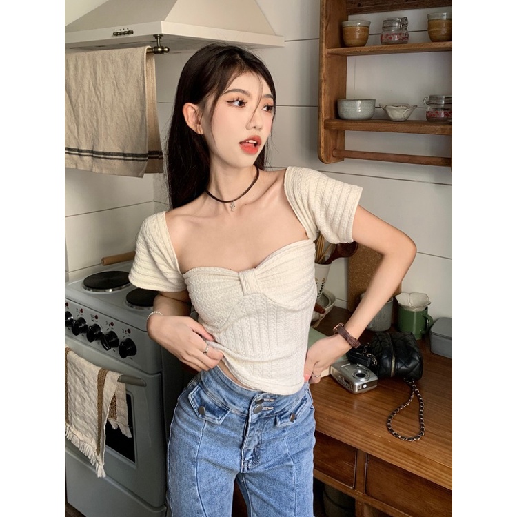 ๑☃Suhao kaos import wanita kaos wanita korean style lengan pendek kaos pendek perempuan pure desire style hot girl one-shoulder short-sleeve t-shirt women s summer short slim fit and thin design niche collarbone top