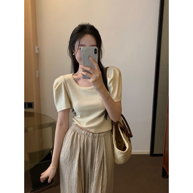 ﺴ▽Suhao kaos import wanita kaos wanita gaya korea lengan pendek kaos pendek perempuan French u-neck front shoulder puff sleeve short-sleeve t-shirt women s summer summer slim ice silk T-shirt short high waist top