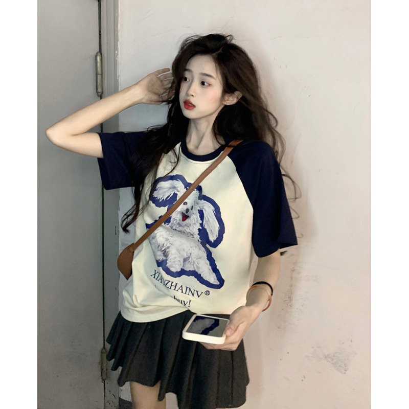 ✖Suhao kaos import wanita kaos wanita gaya korea lengan pendek kaos pendek perempuan American retro color contrast raglan shoulder short-sleeve t-shirt women s summer design sense cartoon print all-match loose half-sleeve top