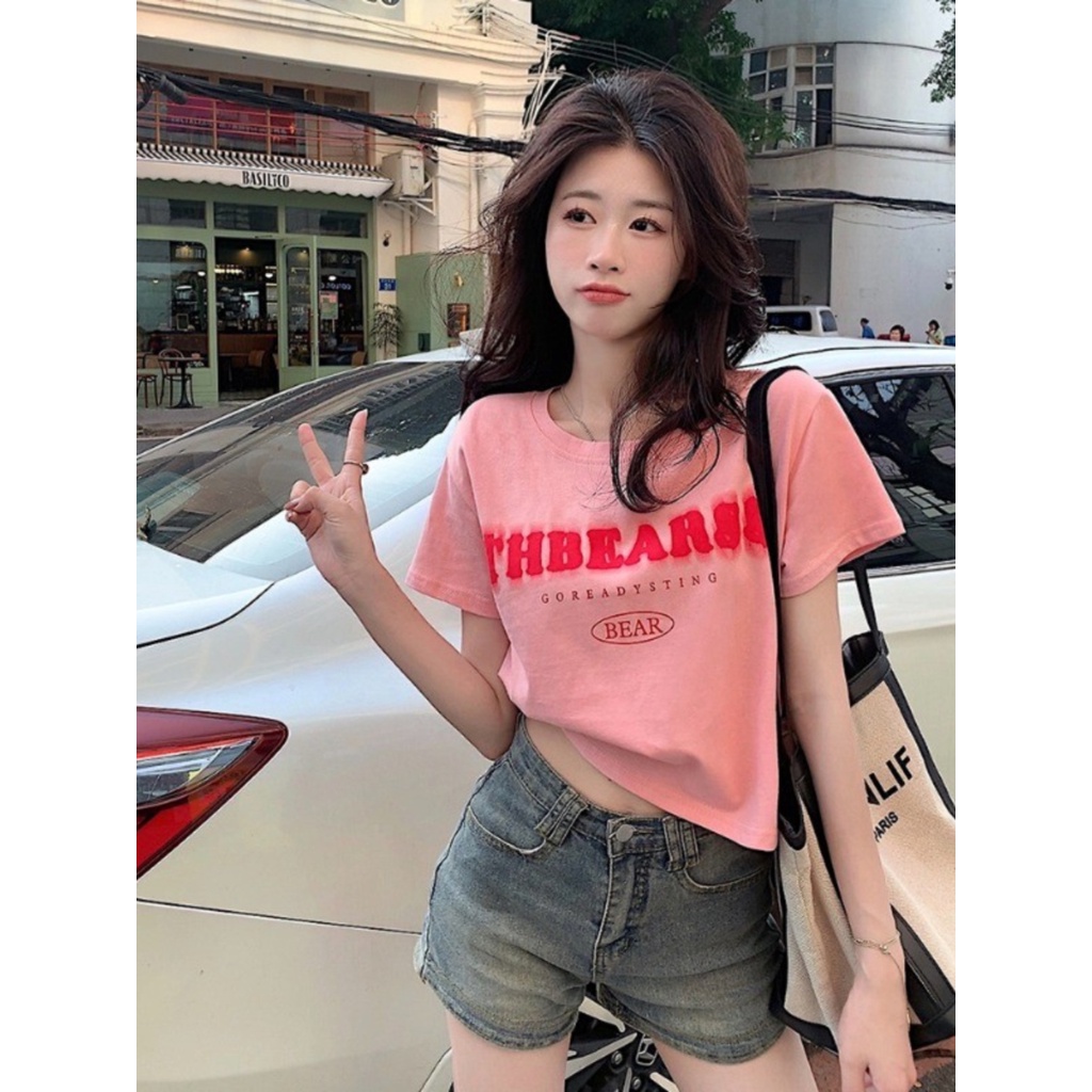 ✗✑Suhao kaos import wanita kaos wanita gaya korea lengan pendek kaos pendek perempuan design letter print front shoulder short-sleeve t-shirt female summer small loose short high waist pink hot girl top