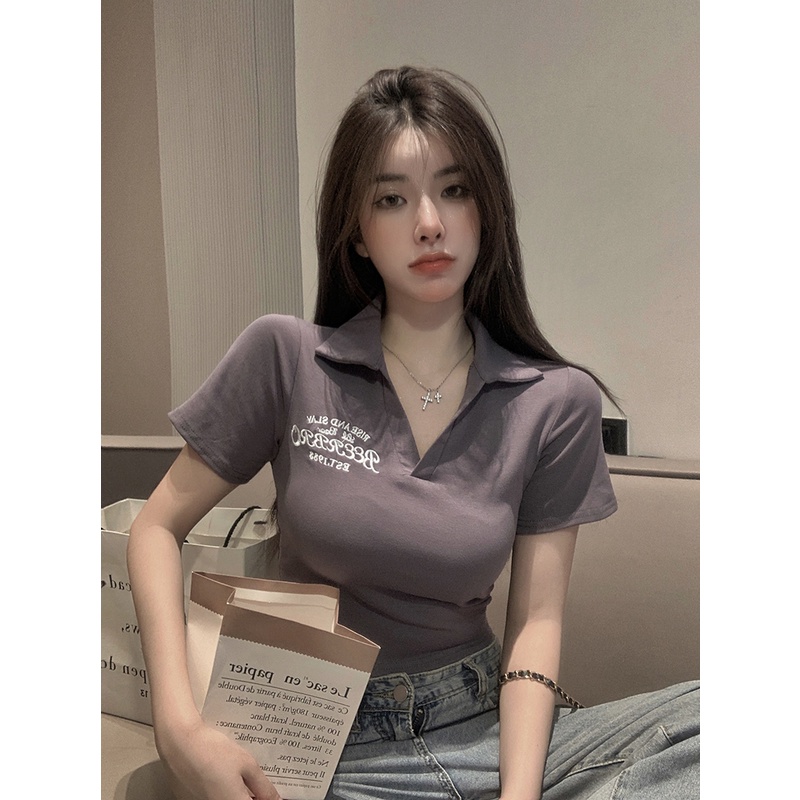 ♞₪Suhao kaos import wanita kaos wanita gaya korea lengan pendek kaos pendek perempuan American retro grey polo collar short-sleeve t-shirt women s summer shoulder pure desire hot girl short slim slim top