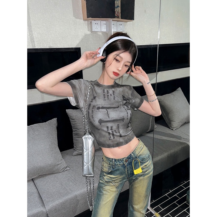 ❦✚✽Suhao kaos import wanita kaos wanita korean style lengan pendek kaos pendek perempuan American style retro grey tie-dye front shoulder short-sleeve t-shirt women s summer summer hot girl short tight slim fit top