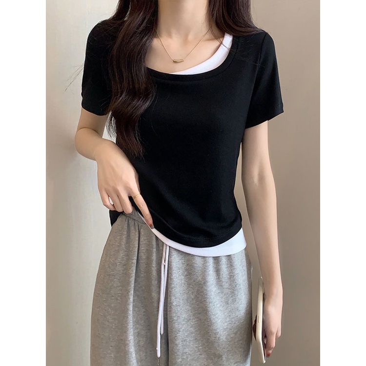 ✆✥Suhao kaos import wanita kaos wanita gaya korea lengan pendek kaos pendek perempuan jahitan warna kontras bahu depan lengan pendek t-shirt wanita musim panas chic palsu dua potong desain ceruk slim fit pendek in top