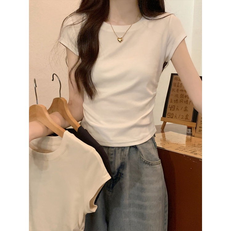 ♧Suhao kaos import wanita kaos wanita gaya korea lengan pendek kaos pendek perempuan white round neck front shoulder t-shirt female short sleeve summer 2023 new waist slim hot girl unique chic top