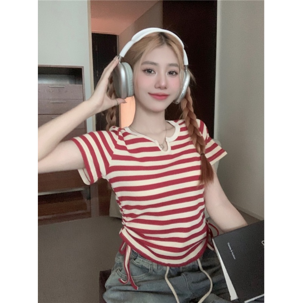 ✼Suhao kaos import wanita kaos wanita gaya korea lengan pendek kaos pendek perempuan Irregular stripes front shoulder short-sleeve t-shirt women s summer design sense niche hot girls slim short tops small people