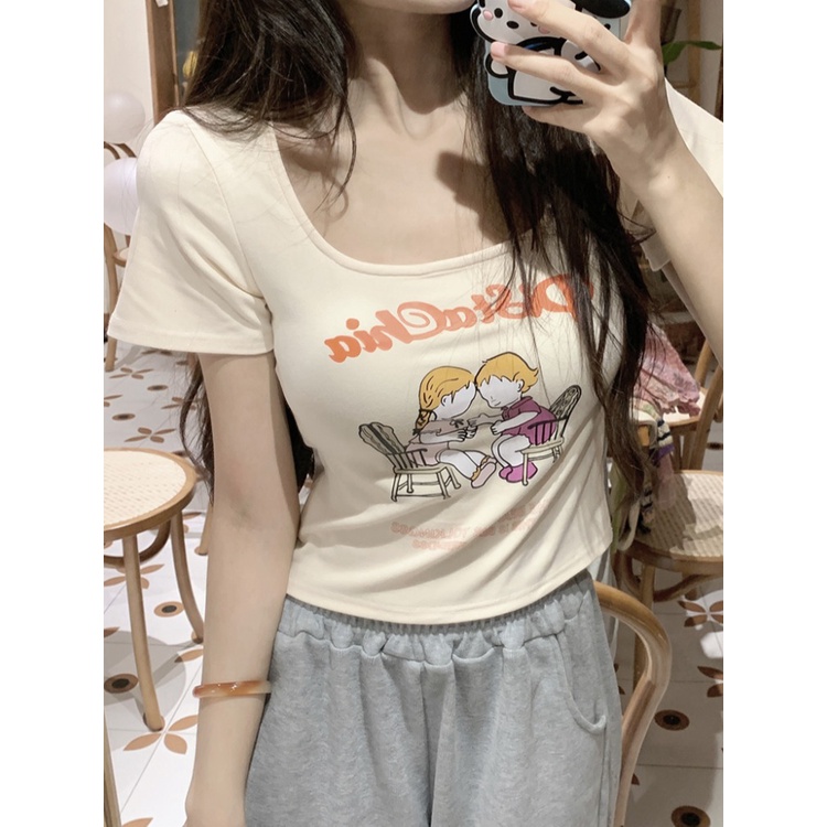 ✜Suhao kaos import wanita kaos wanita korean style lengan pendek kaos pendek perempuan Spice girl square collar large neckline front shoulder short-sleeve t-shirt women summer pure cotton high waist slim fit skinny short top