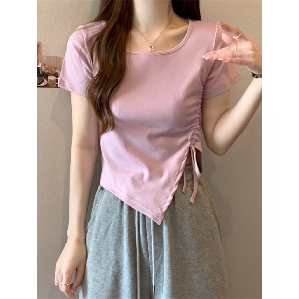 ☊❣⊕Suhao kaos import wanita kaos wanita gaya korea lengan pendek kaos pendek perempuan Irregular slit short sweet and spicy top women s summer design sense niche French square collar front shoulder short-sleeved T-shirt