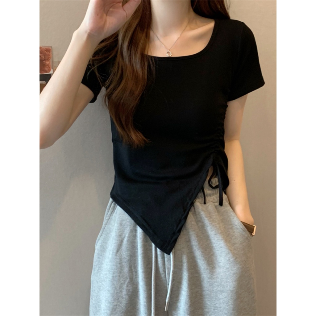 ☊❣⊕Suhao kaos import wanita kaos wanita gaya korea lengan pendek kaos pendek perempuan Irregular slit short sweet and spicy top women s summer design sense niche French square collar front shoulder short-sleeved T-shirt