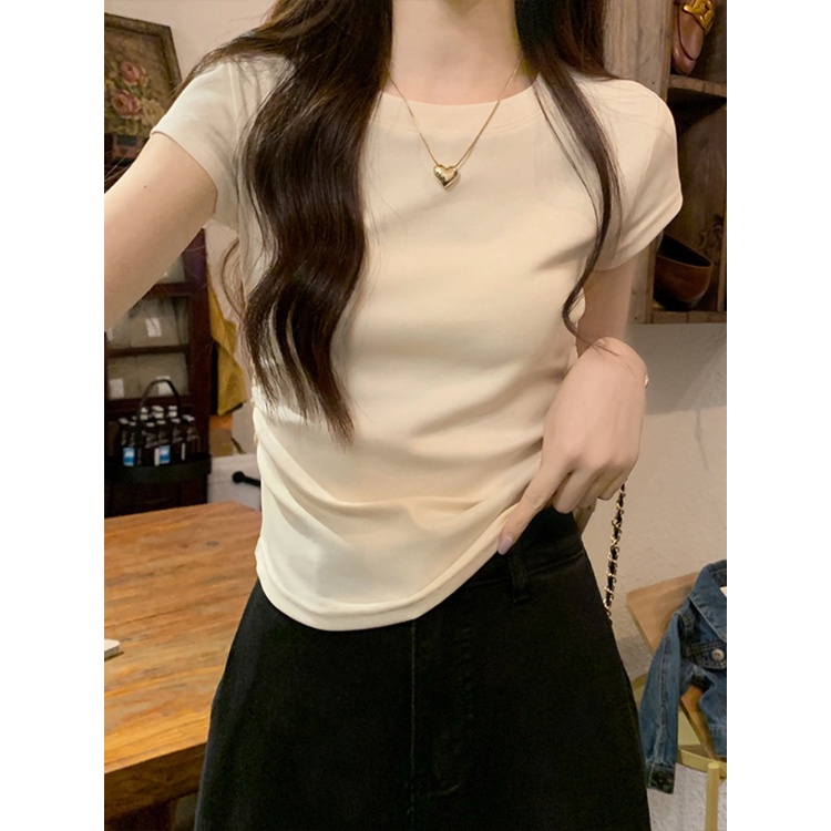 ◐Suhao kaos import wanita kaos wanita gaya korea lengan pendek kaos pendek perempuan high-waisted round neck front shoulder waist thin short-sleeved t-shirt women s summer design sense shirring high-quality fishbone top trendy