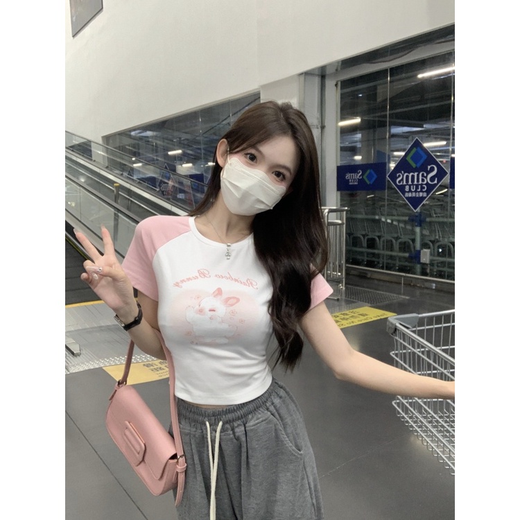 ◎◙Suhao kaos import wanita kaos wanita korean style lengan pendek kaos pendek perempuan hot girl pink stitching raglan sleeves rabbit short-sleeved t-shirt women s summer sweet and spicy slim fit navel short shoulder top