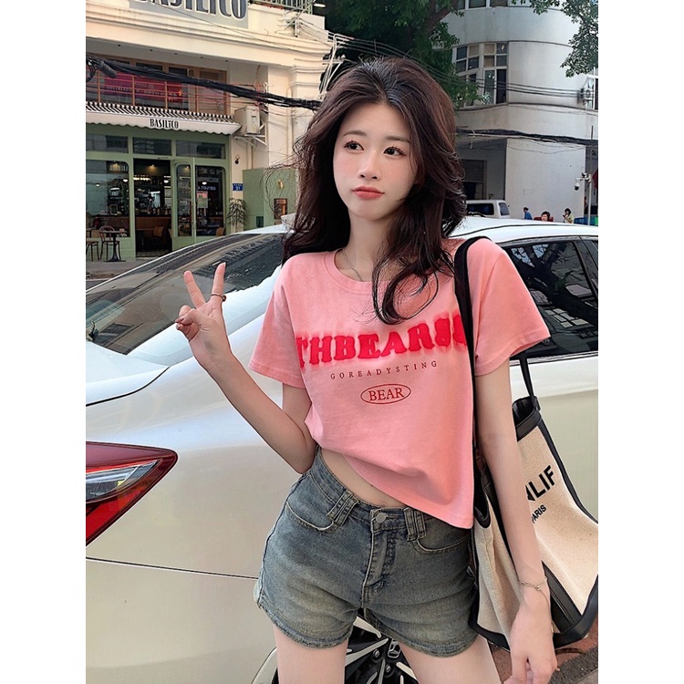 ◊✢Suhao kaos import wanita kaos wanita gaya korea lengan pendek kaos pendek perempuan letter printing pink cotton front shoulder short-sleeve t-shirt women summer loose slimming all-match short high waist top ins