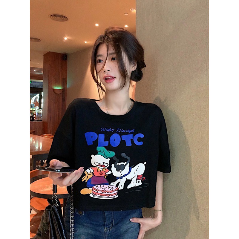❦○Suhao kaos import wanita kaos wanita gaya korea lengan pendek kaos pendek perempuan kartun dicetak kapas lengan pendek wanita musim panas baru longgar dan serbaguna setengah lengan t-shirt tinggi pinggang pendek putih top in