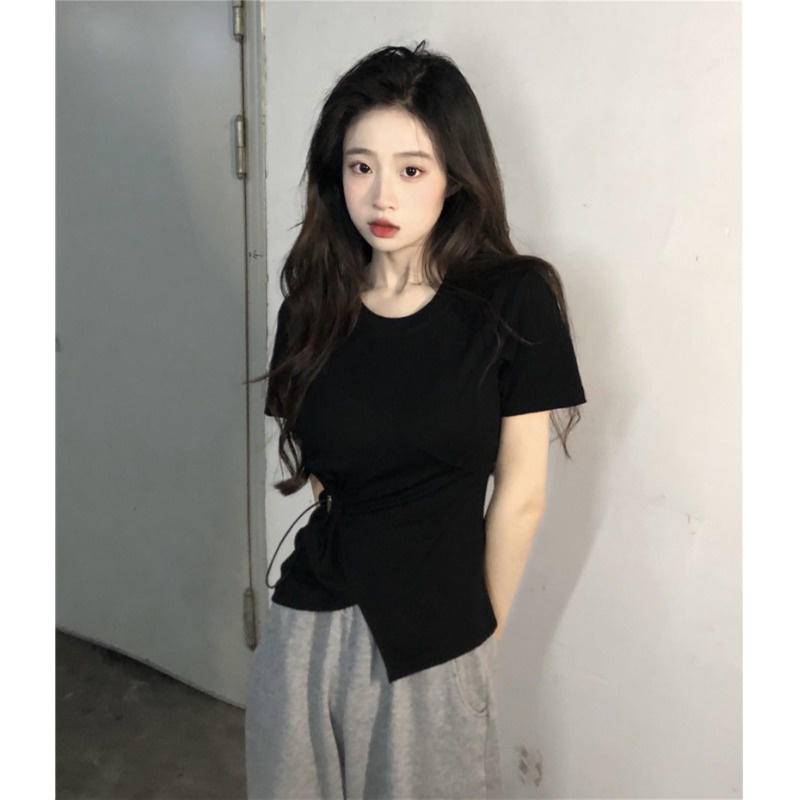 ♞✼Suhao kaos import wanita kaos wanita gaya korea lengan pendek kaos pendek perempuan white drawstring front shoulder short-sleeve t-shirt women summer slim slim sexy pure desire irregular short cotton top