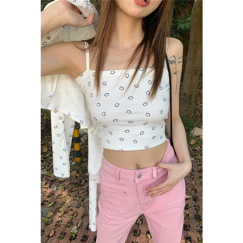 08#Tembakan Nyata Hemat Biaya Kardigan Lengan Panjang Motif Wajah Tersenyum PutihTT-shirt+Ta00