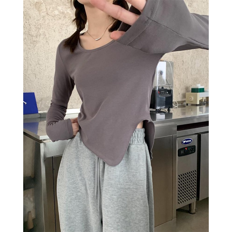 08#Tembakan Nyata Hemat Biaya Lengan Panjang Hem AsimetrisTT-shirt