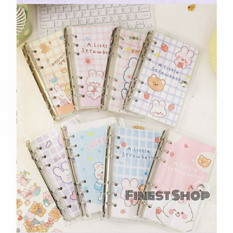 Buku Binder A6 FREE 100 lembar Kertas dan Stiker PET lucu Ring Book Besi Sampul Kancing Cover PVC Kado Notebook Buku Catatan Diary