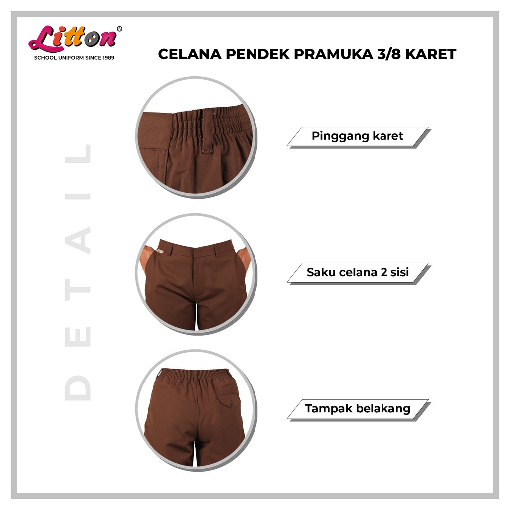 LITTON Celana Pendek Pramuka SD-SMP Double Kantong Pinggang Karet Coklat /  Seragam Sekolah Pramuka