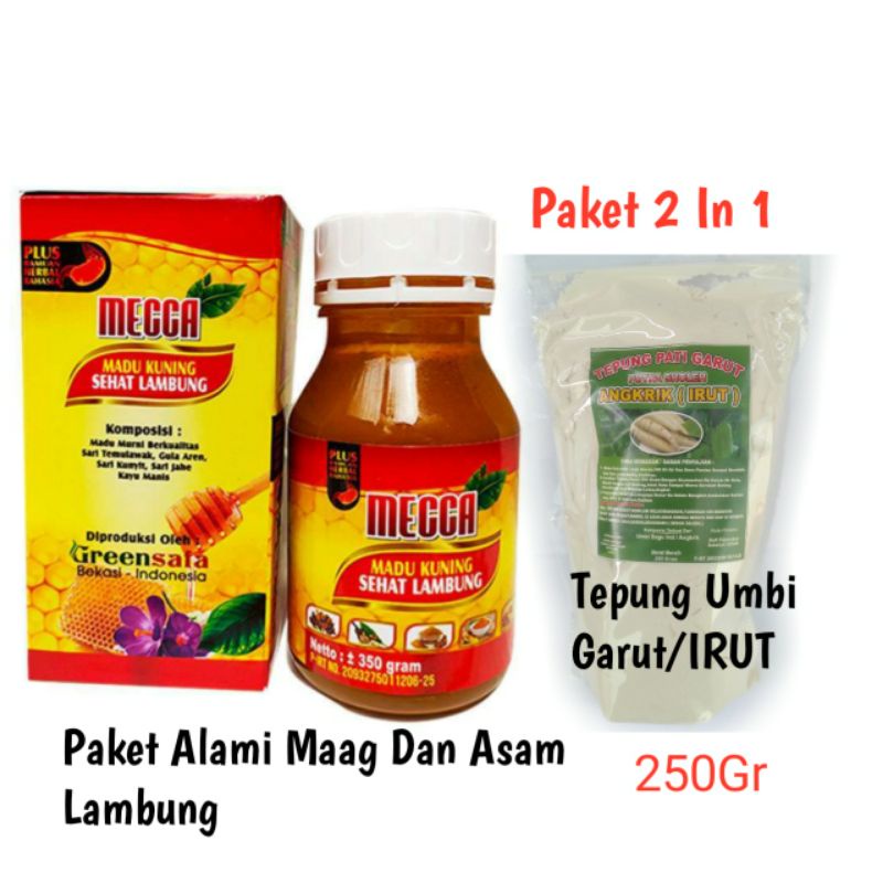 Paket 2 In 1 Madu Kuning Mecca Tepung Umbi Garut/IRUT 250Gr/Herbal