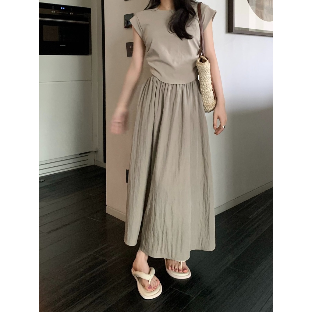 Musim Panas Baru Tinggi Pinggang Pinggang Elastis Pertengahan Panjang Rok