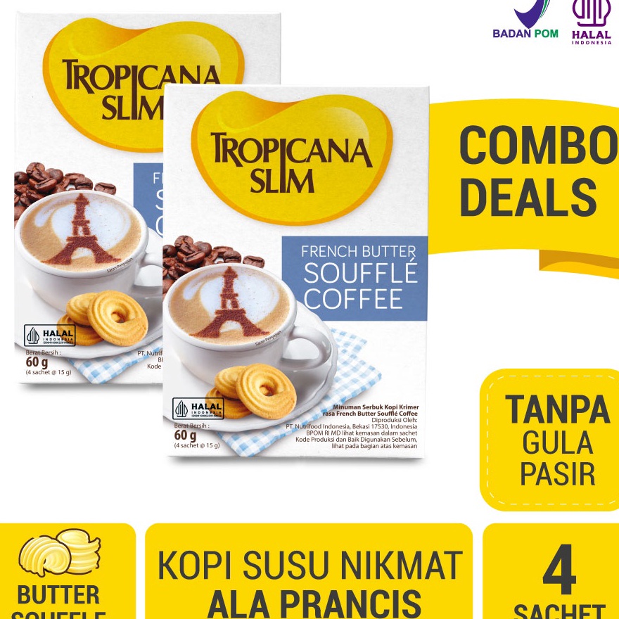 

Termurah ✔️ Twin Pack - Tropicana Slim French Butter Souffle Coffee 4 Sachet - Kopi Susu ala Perancis Nikmat Tanpa Gula Pasir