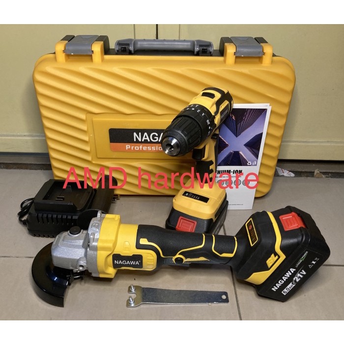 Terlaris Paket Cordless Gerinda + Mesin Bor Impact Tembok Nagawa Nck1010 Batere