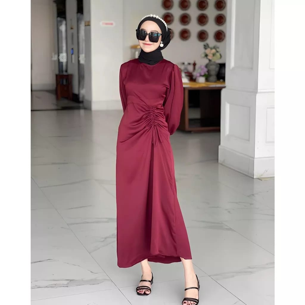 SANUM GAMIS MAXI TALI SERUT ATASAN WANITA DRESS SATIN SILK PREMIUM (RPA)