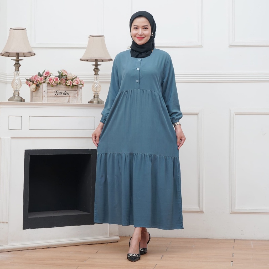 MIDI DRESS WANITA BAHAN RAYON BUSUI FRIENDLY | GAMIS MIDI KANCING DEPAN LENGAN 7/8