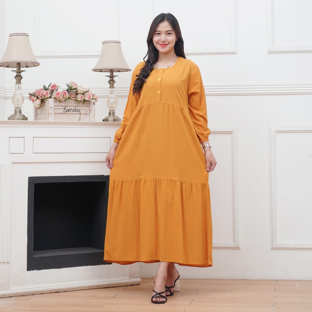 MIDI DRESS WANITA BAHAN RAYON BUSUI FRIENDLY | GAMIS MIDI KANCING DEPAN LENGAN 7/8