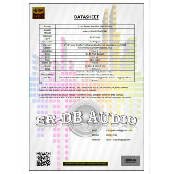 Power Amplifier Mini Daya Aki/Adaptor/SMPS 12V 2x15Watt