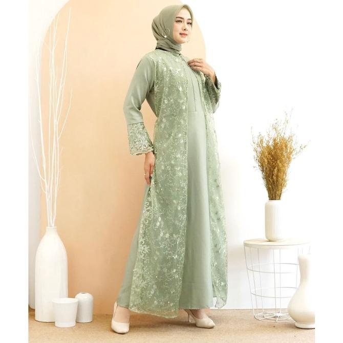 Lebaran gamis hena pesta brukat tile moscrepe dress hijau sage XL XXL