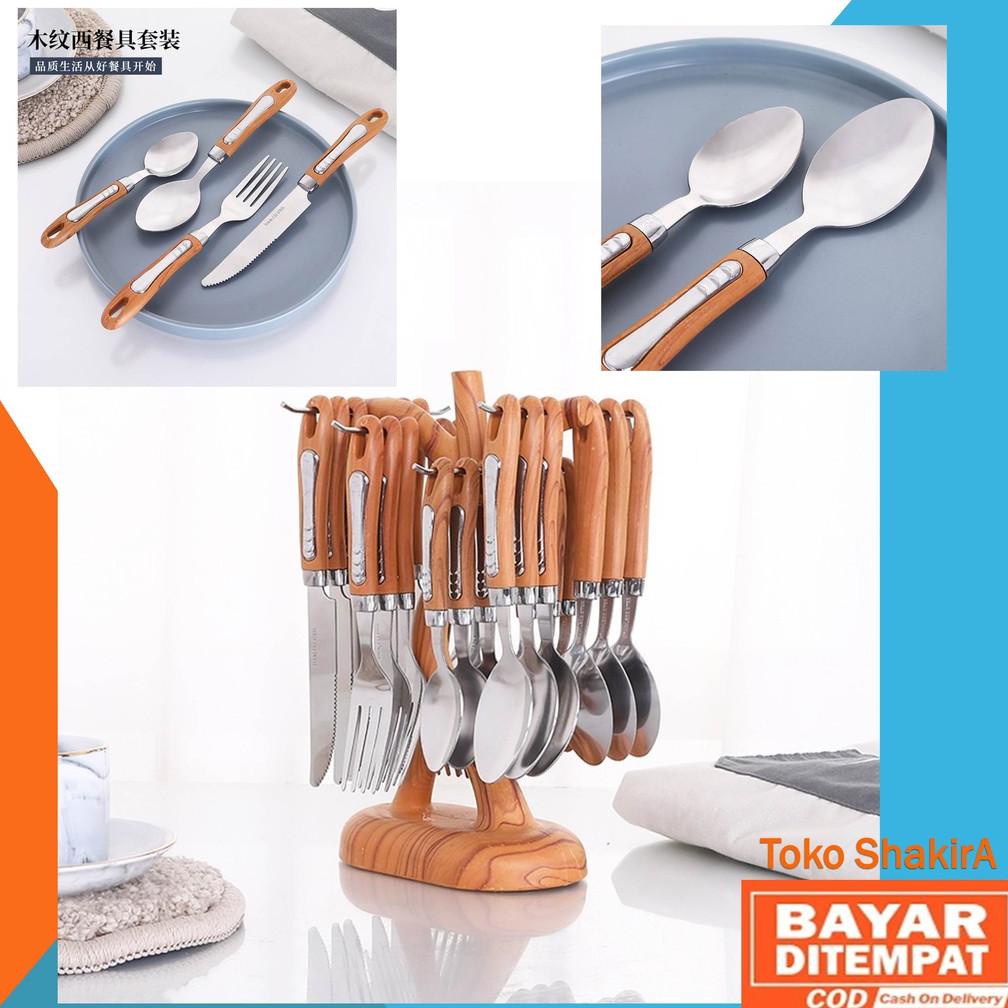 Diskon Sendok Makan Kayu Set Tempat Sendok Kayu Unik Gantung Stainless Pohon Set 24 Pcs