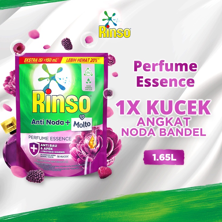 (E♫8I-➸) RINSO Detergen Cair Liquid Detergent Konsentrat PERFUME ESSENCE Proteksi Higienis 1.65L ter