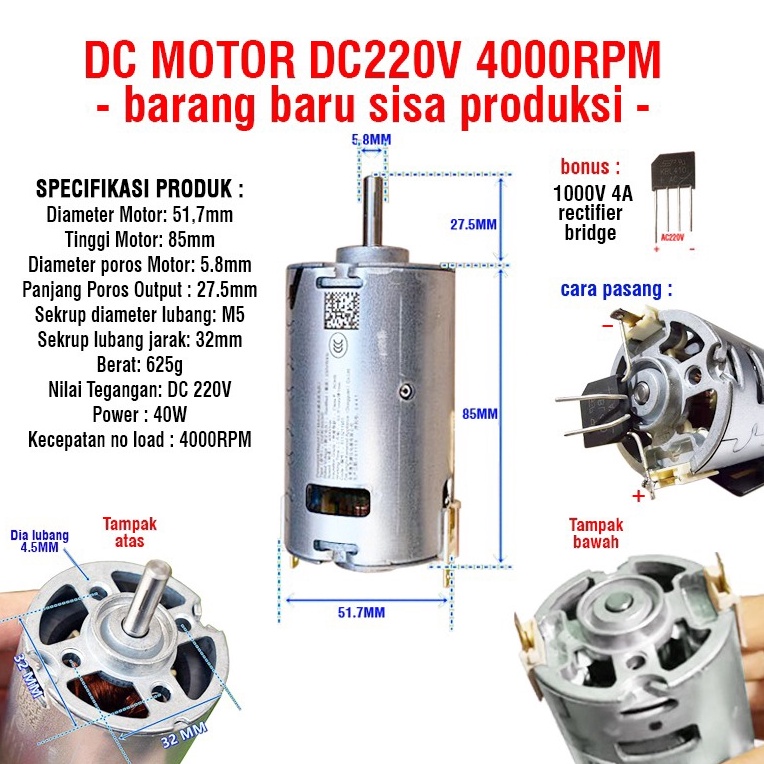 Dinamo Fan Motor DC 220V 4000 RPM Rectifier DIY Gerinda Bor [KODE V8G4]