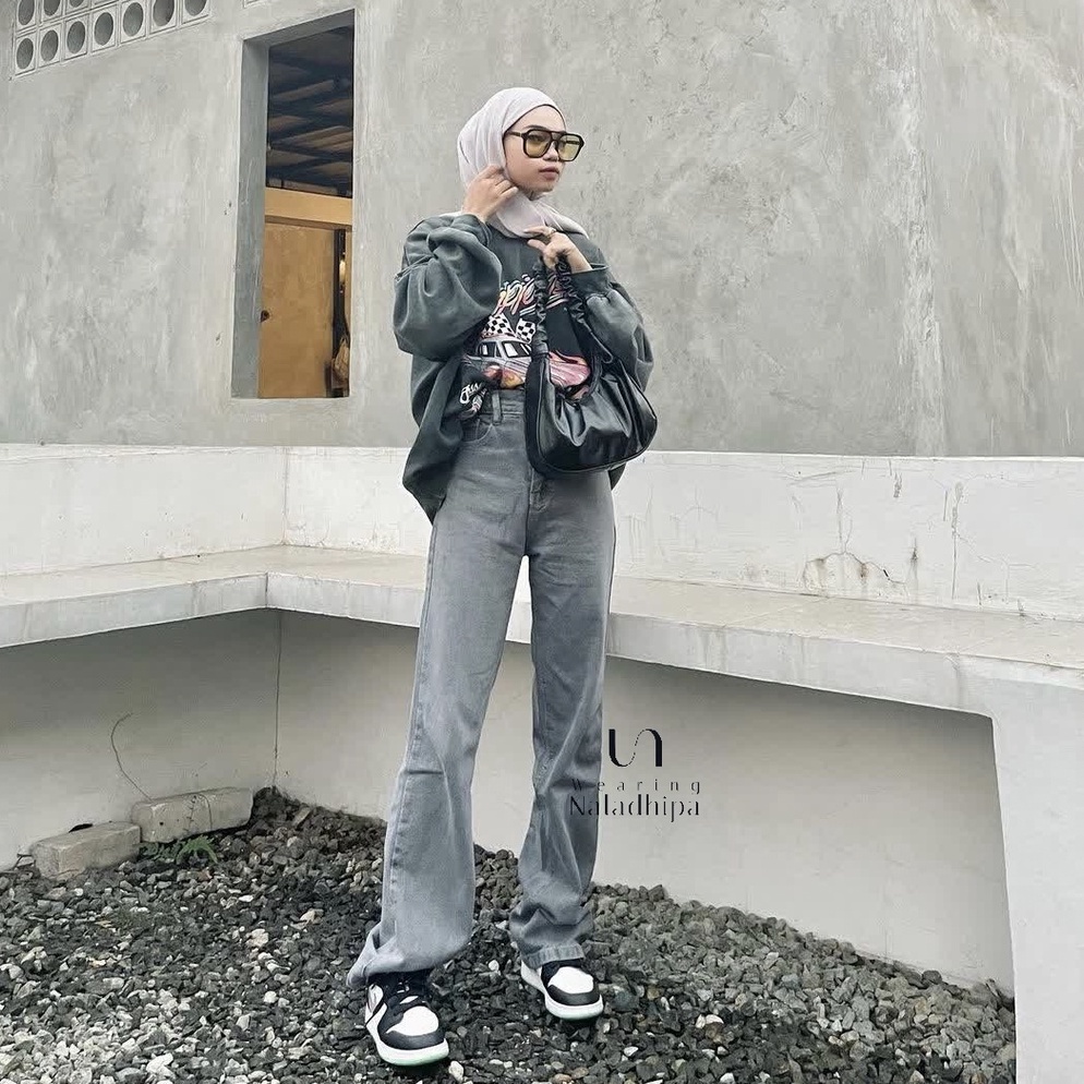 BOOMING Nara Pants Grey - Celana Kulot Jeans Highwaist Wanita Loose