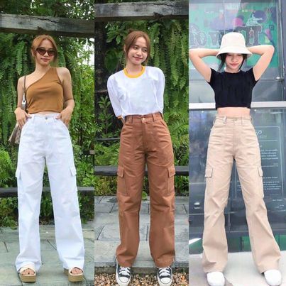 Celana Cargo Jeans HW Khaki Wanita Jins Kimpul Highwaist Loose Cream Latte Choco Saku Samping