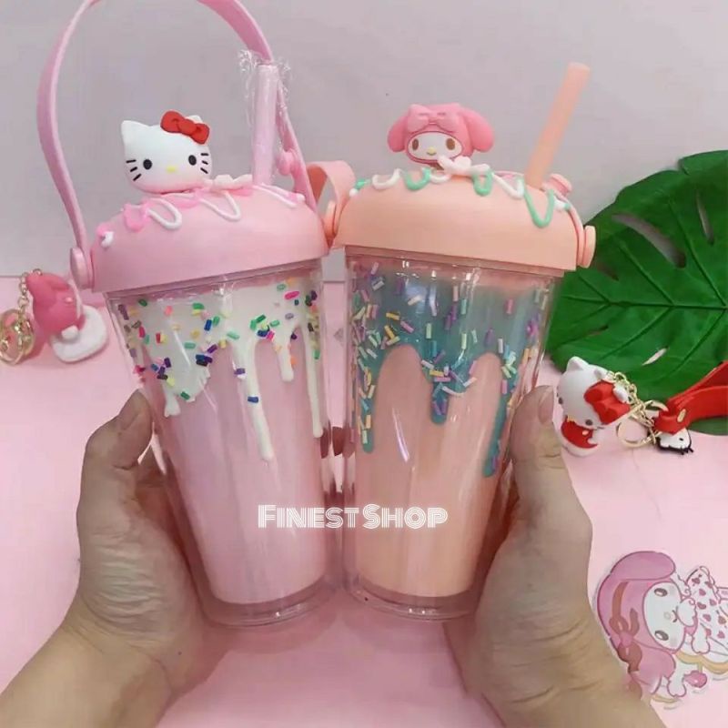 Tumbler SANRIO Tutup Boneka Gelas Cinnamoroll Melody Kitty Pompurin Botol Sedotan Ice Cream Gelas Es Krim Lucu