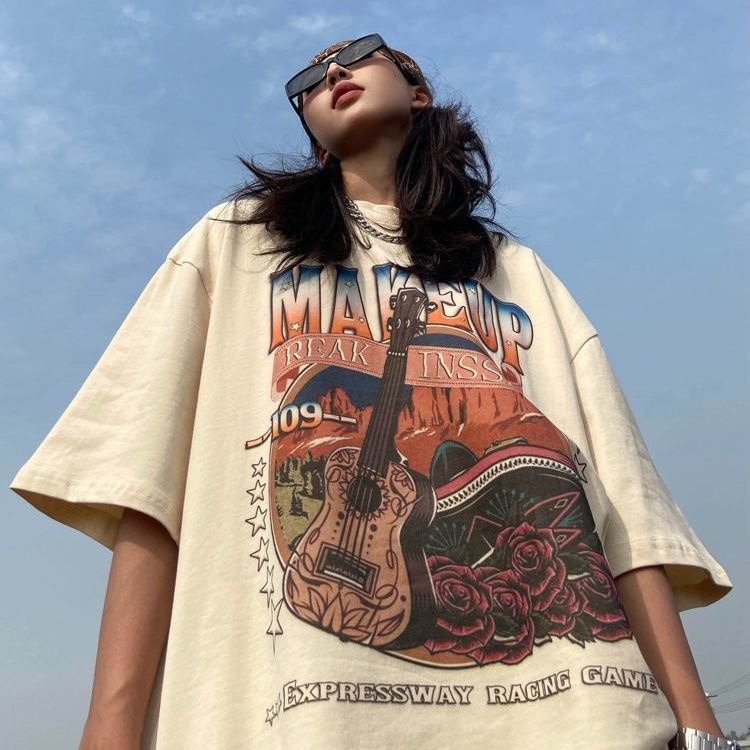 Red 100% Katun American Retro Dicetak Lengan Pendek T-shirt untuk Pria dan Wanita 2022 Musim Panas Baru Longgar Hip-Hop Street atasan