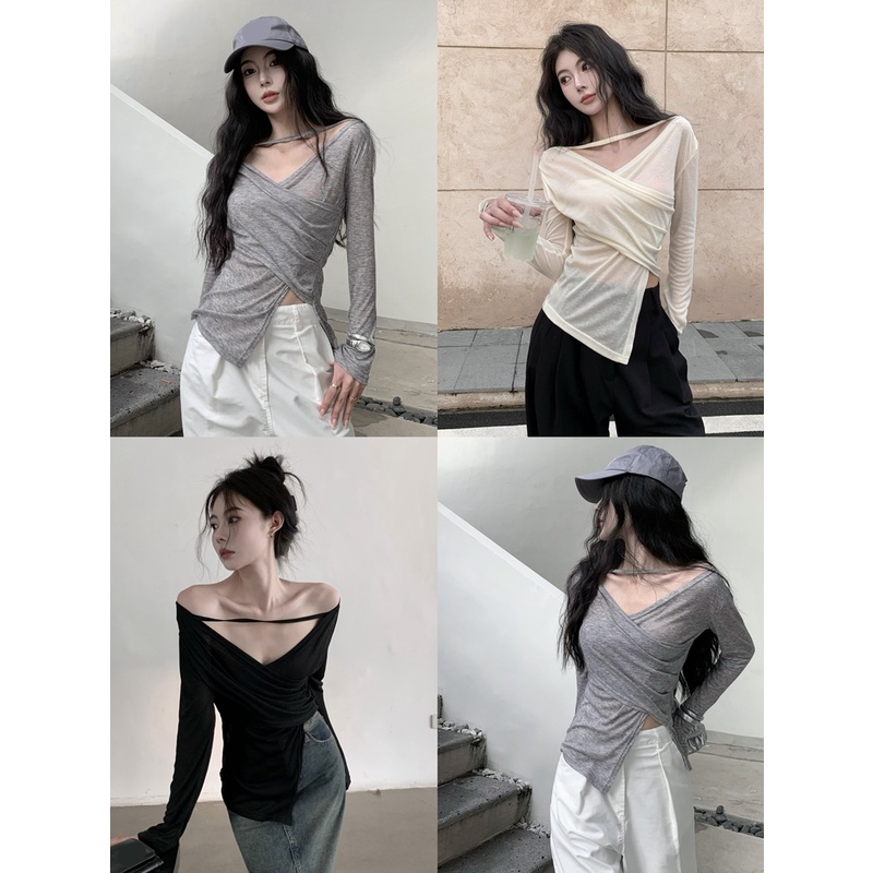 Red Gaya Hong Kong warna solid tabir surya V-neck lengan panjang T-shirt wanita musim panas bagian tipis desain gadis panas seksi rasa atasan temperamen tidak teratur