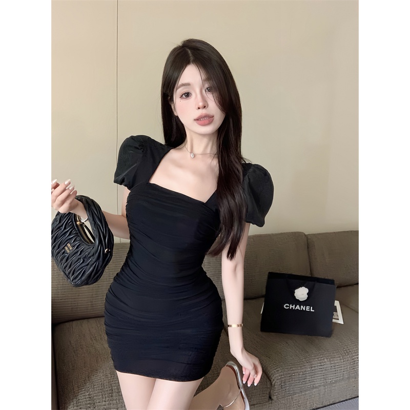 Red French square collar dress wanita musim panas bubble lengan pendek lipit mesh bag hip skirt sexy hot girl a-line skirt