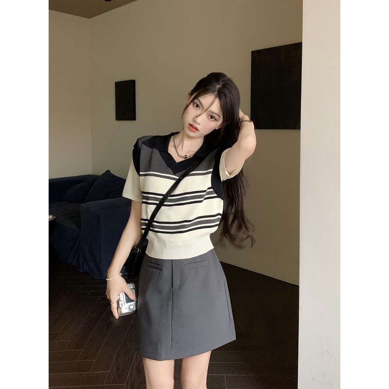 Red Fashion wanita musim panas baru pelangsing palsu dua potong kerah polo sweater top setengah panjang rok pendek set dua potong