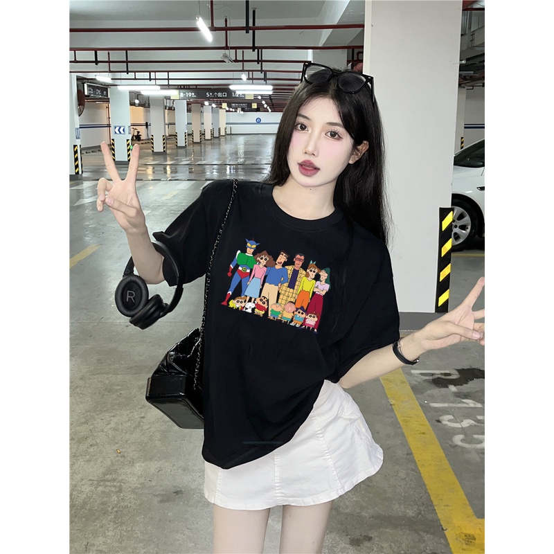 EUNII T-shirt Lengan Pendek Cartoon Crayon Shin-Chan Korean Style/Kaos Atasan Wanita/Baju Kaus Oversize Wanita/Kaos Wanita