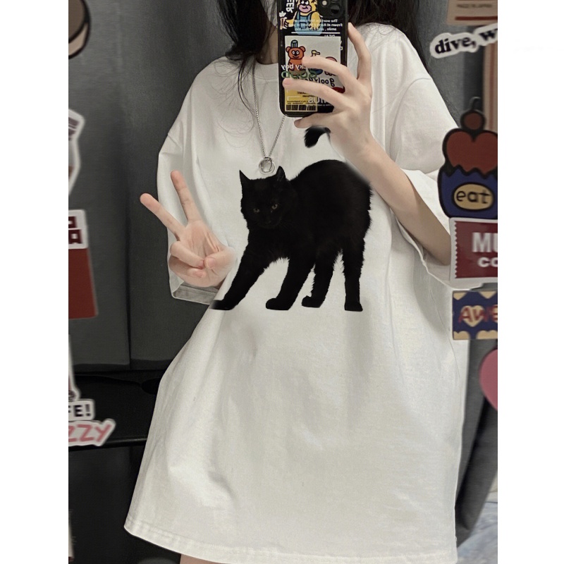 EUNII T-shirt Lengan Pendek Cartoon Black Cat Korean Style/Kaos Atasan Wanita/Baju Kaus Oversize Wanita/Kaos Wanita