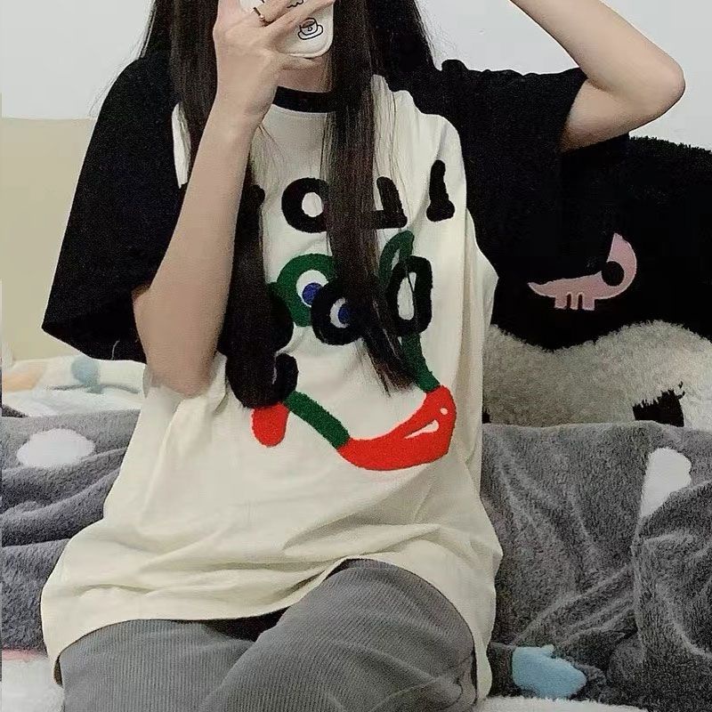 Red [100% katun] ins net merah musim panas handuk anak anjing baru bordir splicing longgar leher bulat lengan pendek t-shirt fashion wanita