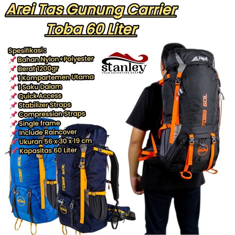 Tas gunung atau Carrier Arei REI TOBA 60L dan Arei Toba 80L include Raincover/tas ransel hiking / ta