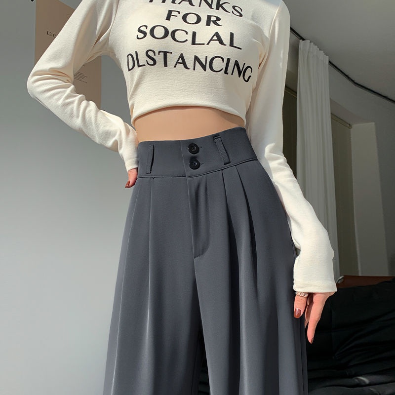 Red Hitam sempit lebar kaki celana wanita 2023 musim semi baru berpinggang tinggi tipis dan mengepel lantai longgar lurus celana kasual