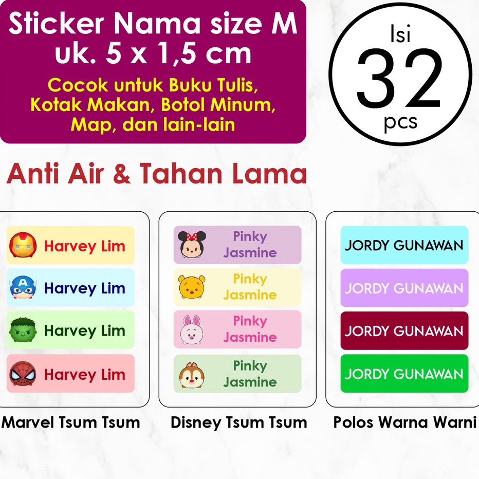 

☊n9 Terbaru➱ Stiker Label Nama Custom Ukuran M isi 32 pcs Label Nama Anak Waterproof Tahan Air Stiker Pensil Warna Label Pensil Label Botol Minum sticker tempat makan stiker mainan stiker buku stiker kalkulator Warna Warni Disney Tsum Tsum karakter L7