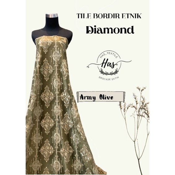 Bahan Kain Brokat Tile Etnik Keraton Diamond Warna Hijau Army