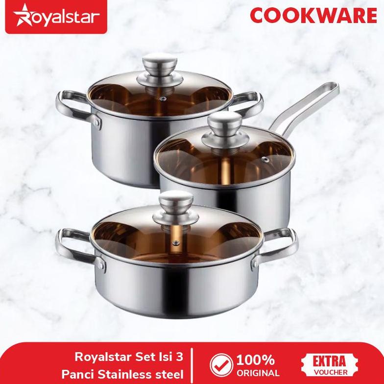 Royalstar Set Panci Stainless steel alat masak 1 set isi 3 set panci berbagai ukuran panci serbaguna